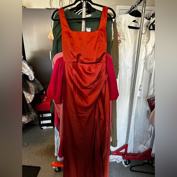 Red Carpet Romance Rust Orange Satin Square Neck Maxi Dress - Picture 5 of 5